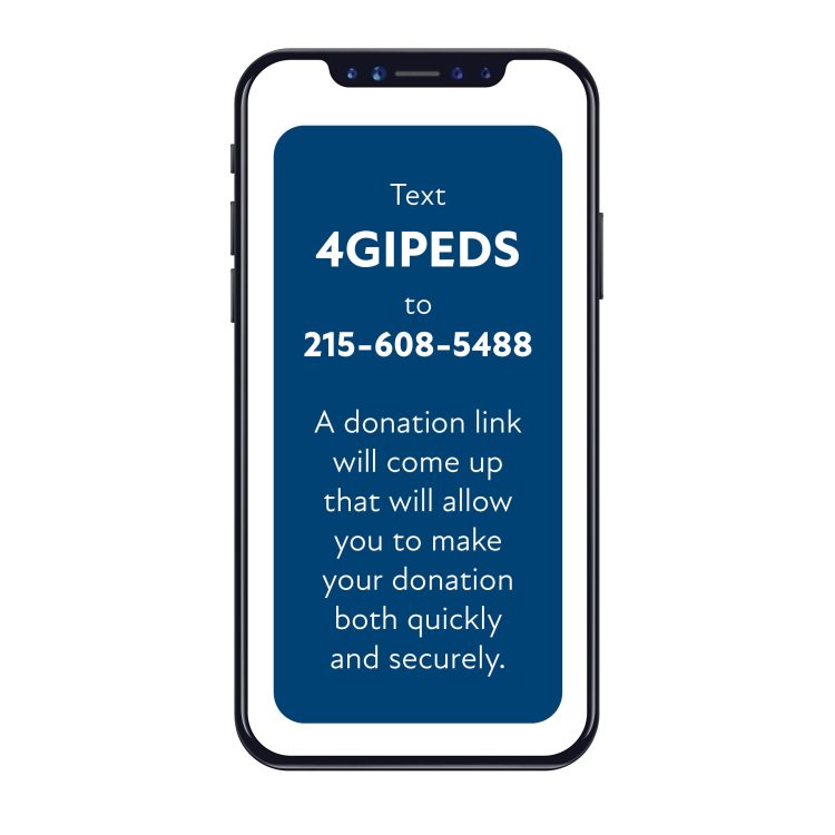 Image of cell phone with the words "Text 4GIPEDS to 2156085488"